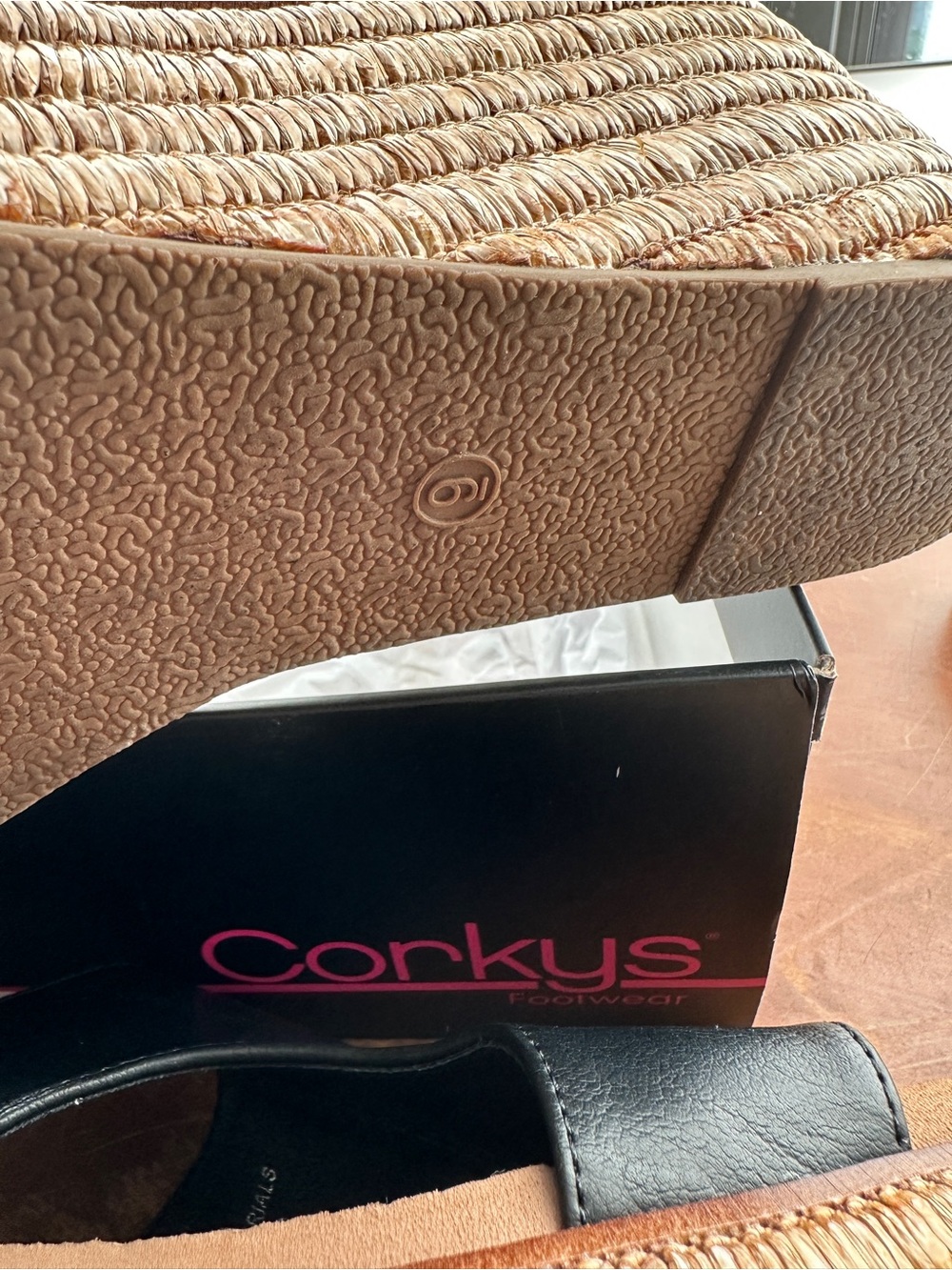 NIB Corkys Black Leather Slingback Wedge Sandals with Espadrille Platform - Picture 13 of 13